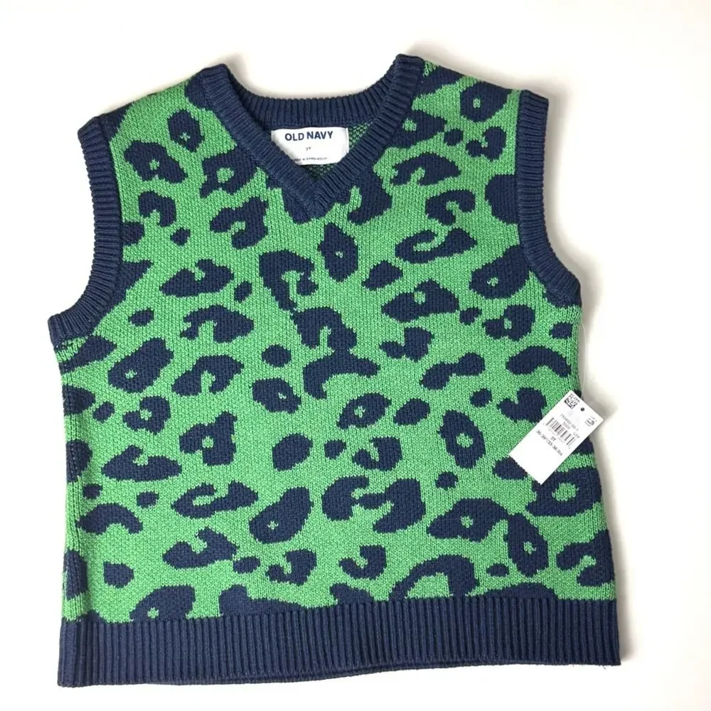 Old Navy Green and Blue Leopard Print Sleeveless V Front Sweater Vest  Sz 3T